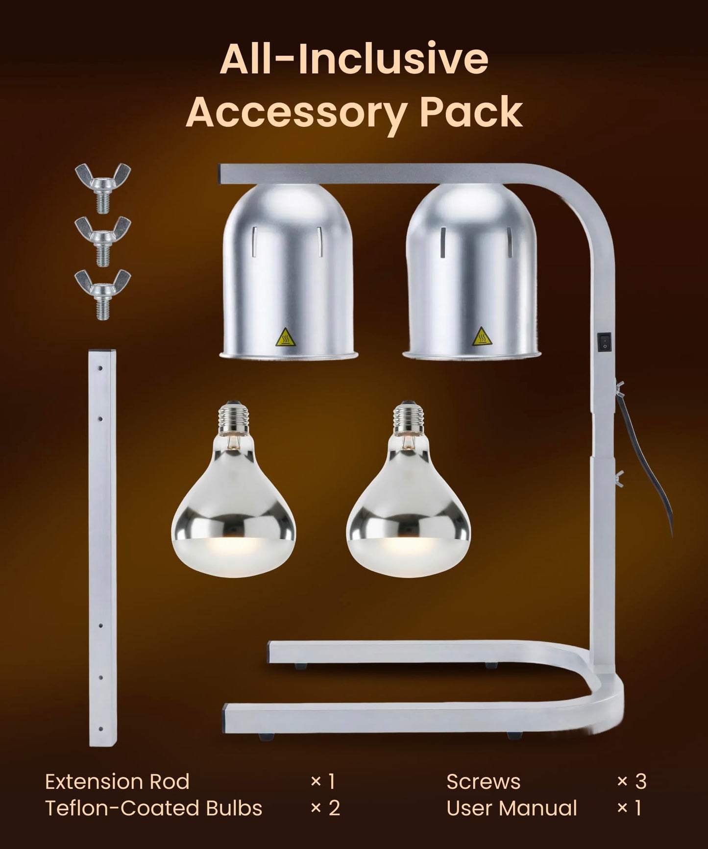 AZZO KITCHEN Heat Lamp for Food 500W Teflon-Coated Bulbs Food Heat Lamp for Fast and Even Heating Commercial Food Warmer with 5 Adjustable Height Lamp Stand for Home Restaurant Buffet Bakery Silver
