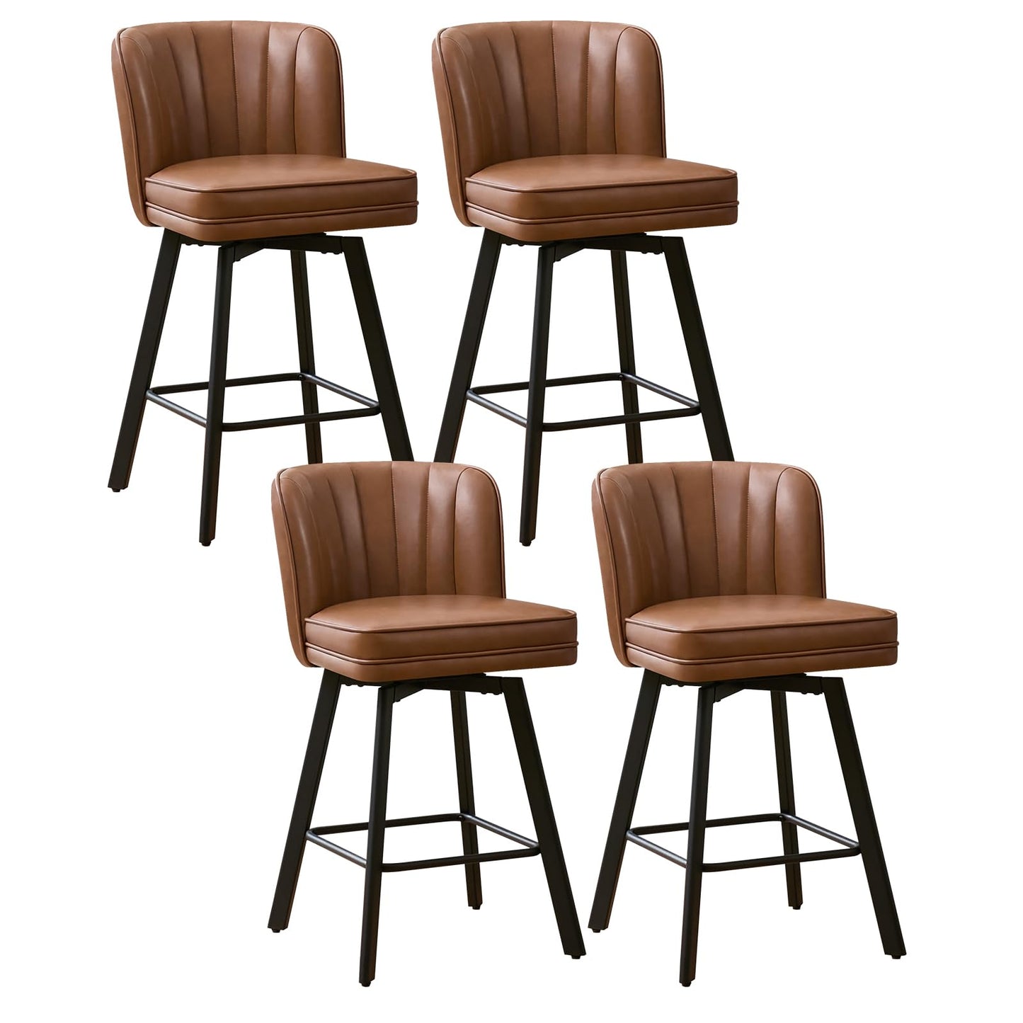SAECKBERG Swivel Counter Height Bar Stools Set of 4, 26'' Modern Barstools with Backs and Metal Legs, Upholstered Bar Chairs, Faux Leather Dark Brown Stools for Kitchen Island Chairs