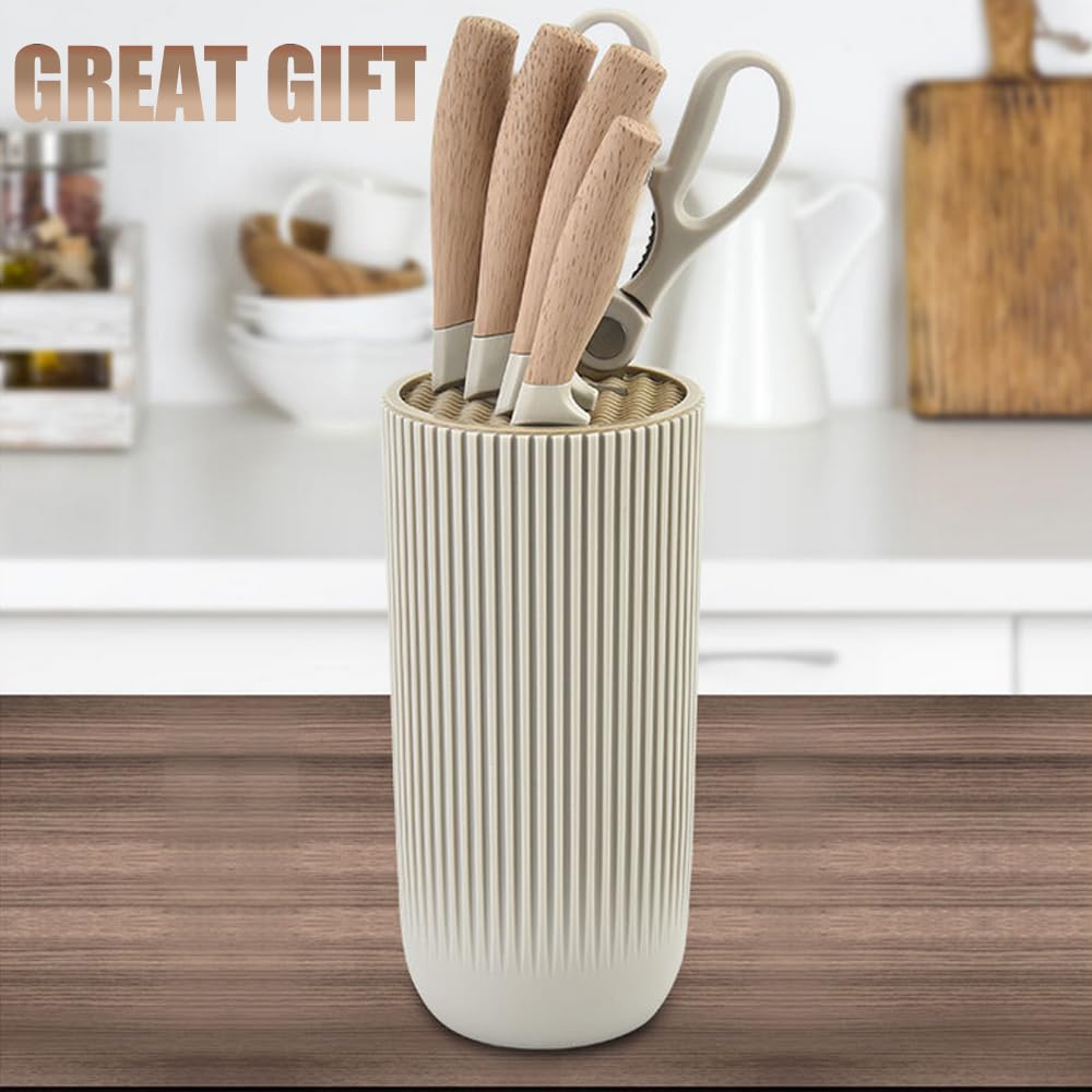Knife Set, Wiztoynia 6-Piece Khaki Kitchen Knife Set for Home, Anti-Rust Non-stick Stainless Steel Sharp Chef Knife Sets with Universal Knife Block for Kitchen, Ergonomical Design (Khaki)