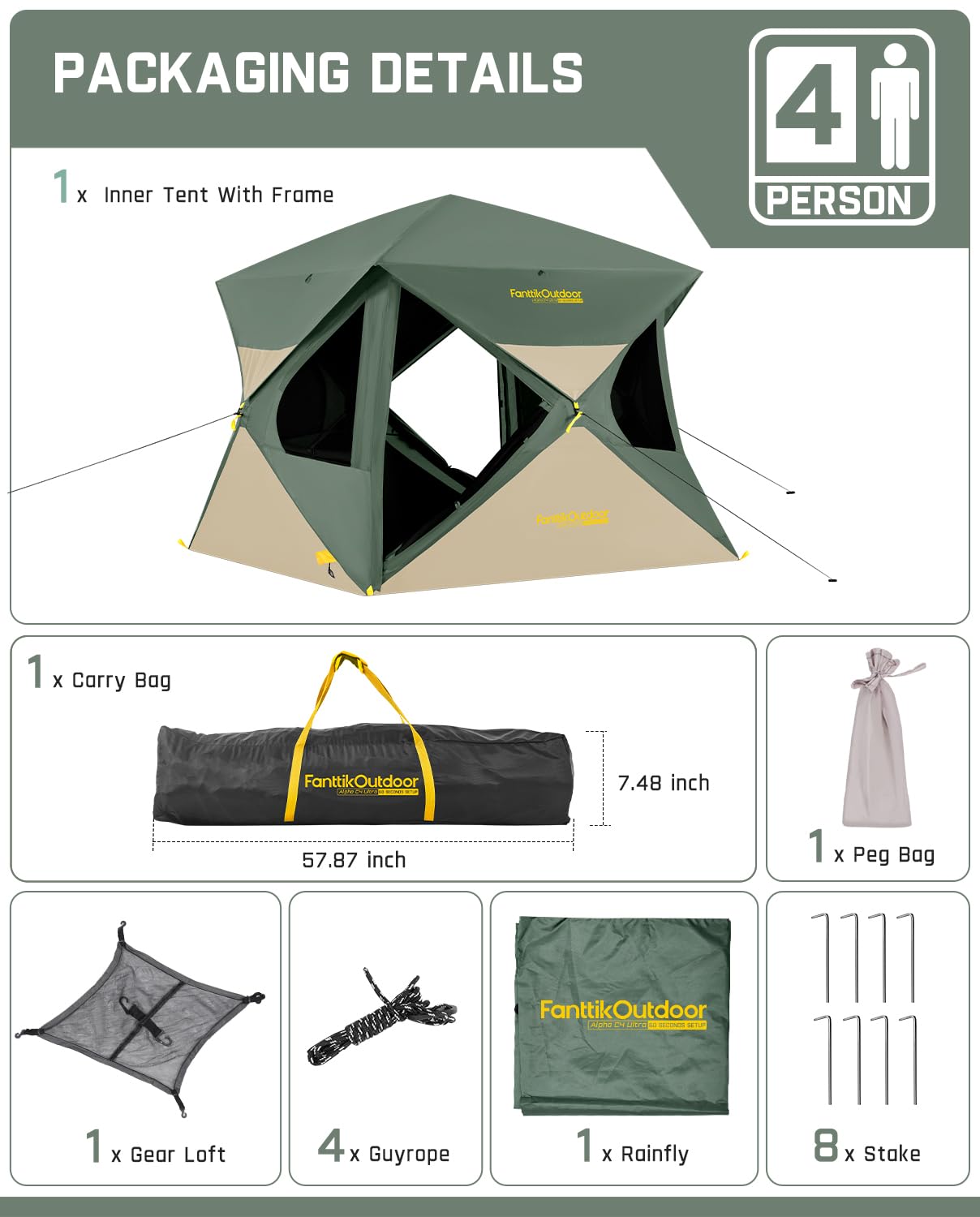 FanttikOutdoor Alpha C4 Ultra Camping Tent 4 Person Pop Up Instant Cabin Setup in 60 Seconds Portable Hub Tent with Rainfly & Windproof for Outdoor Camping & Overlanding, Green
