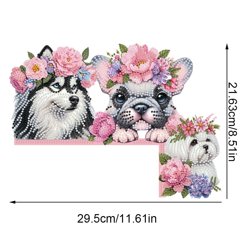 C'eitura Dog with Pink Flower Collar Diamond Painting on Wood, 5D DIY Custom Door Topper for Home Entryway Decor, Cute Animal Wall Art