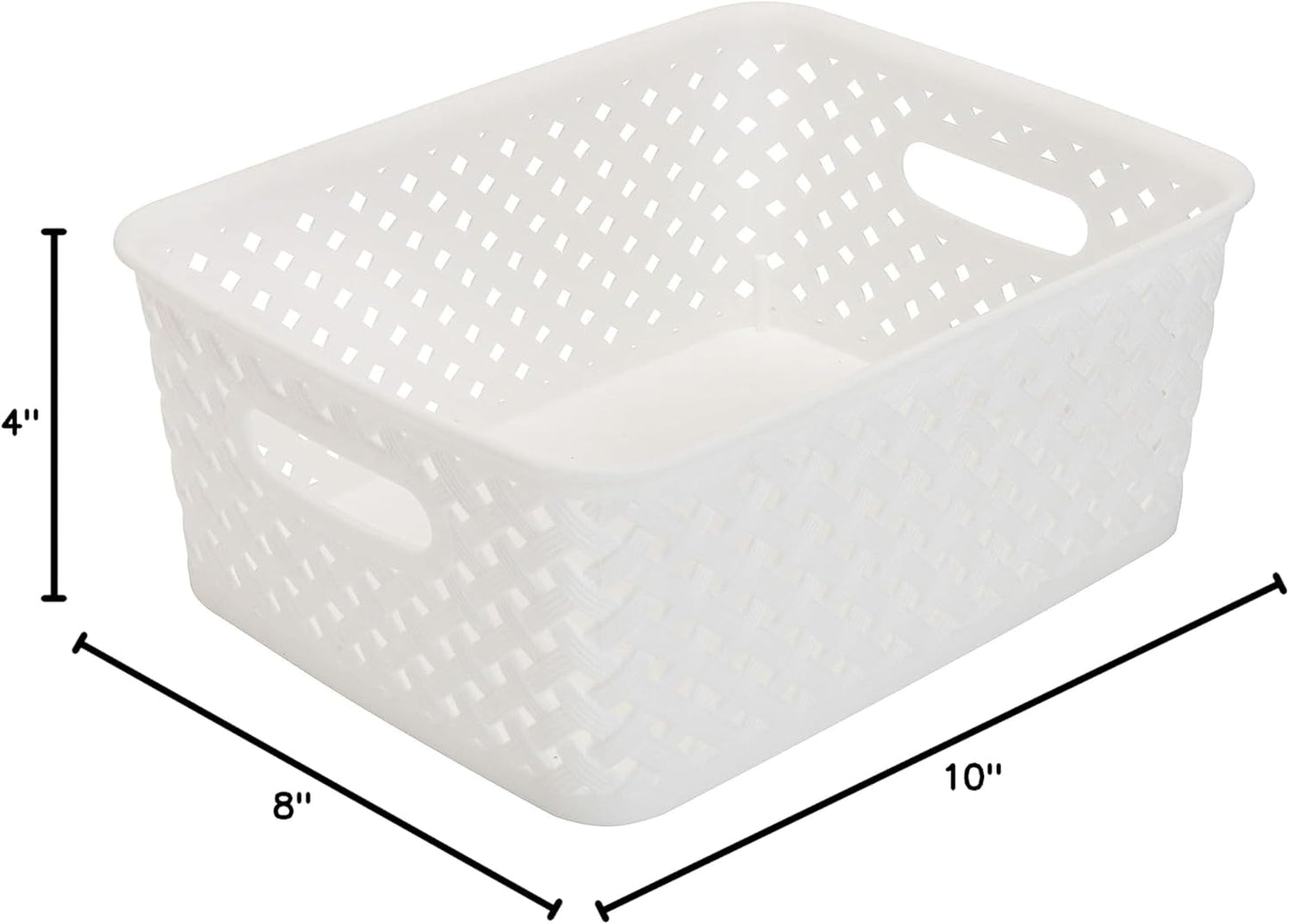 Simplify Small White Resin Wicker Tote | Storage Bin | Plastic Organizer with Carrying Handles for Bathroom