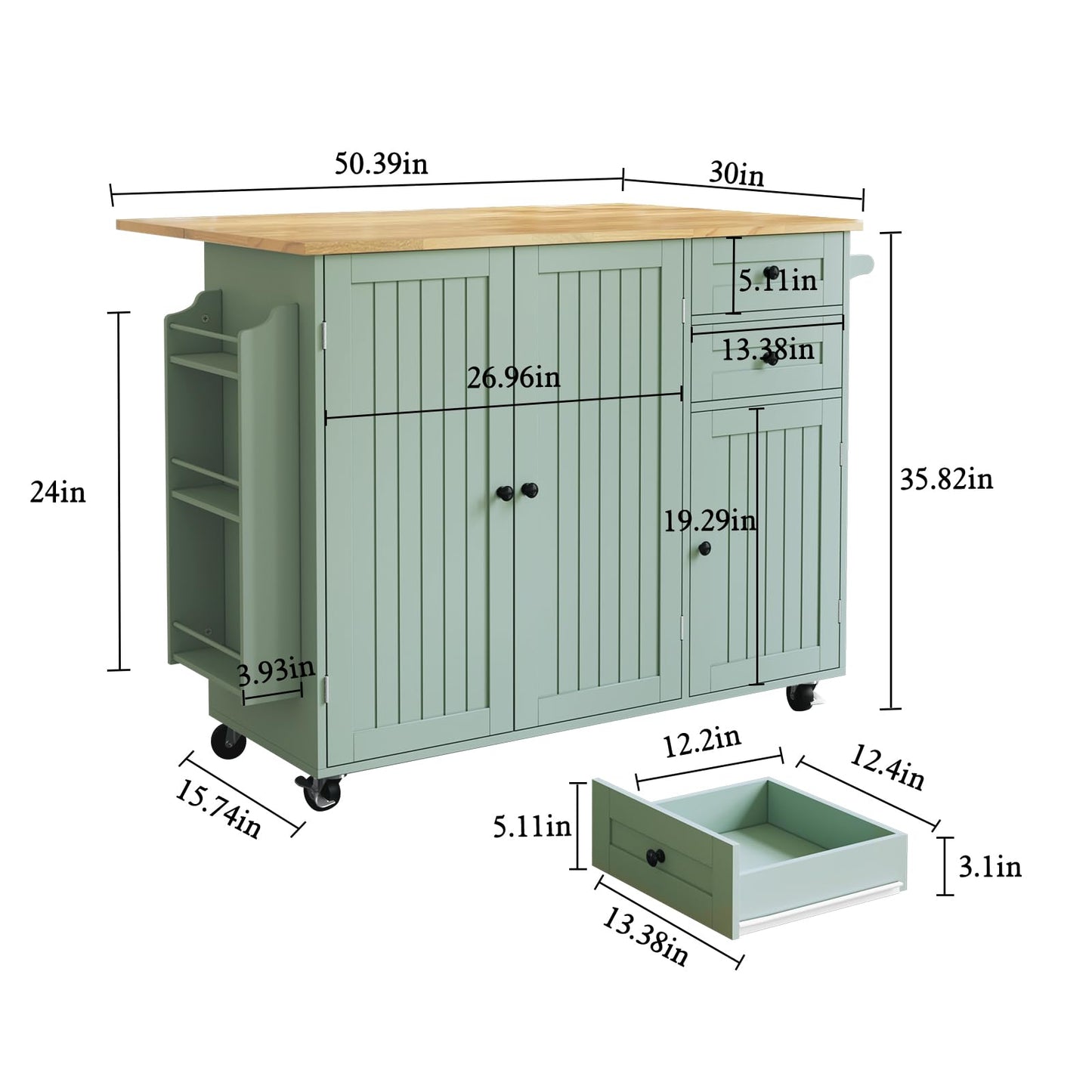 HLR Kitchen Island with Storage, Sage Green Rolling Kitchen Cart on Wheels with Drop-Leaf Bar Countertop, Islands Prep Table with Side Open Spice Rack and Tower Rack, Extra Storage for Kitchen