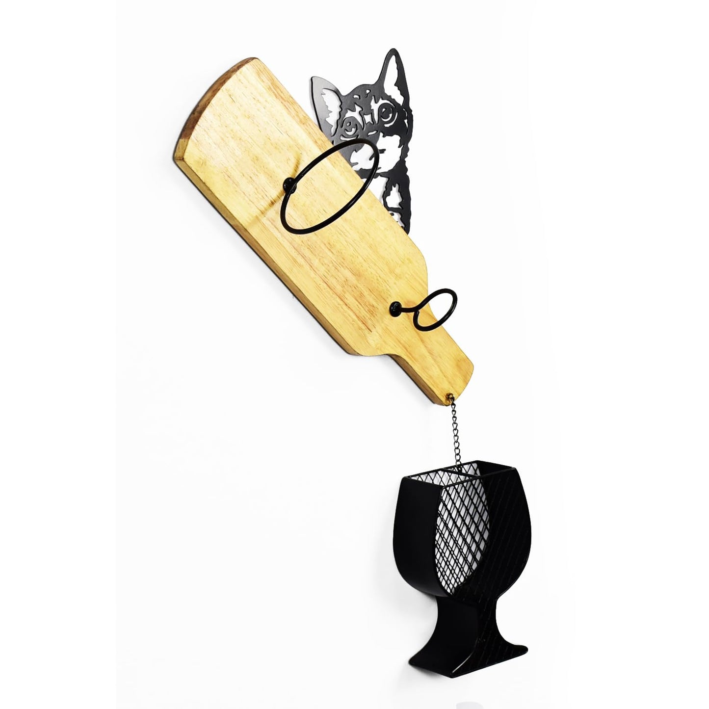 Drincarier cat Wine Rack Wall Mounted with Cork Holder, Hold 1 Bottle and Some Corks, Creative Metal & Wood Wall Wine Rack with Wine Cork Holder (Black)