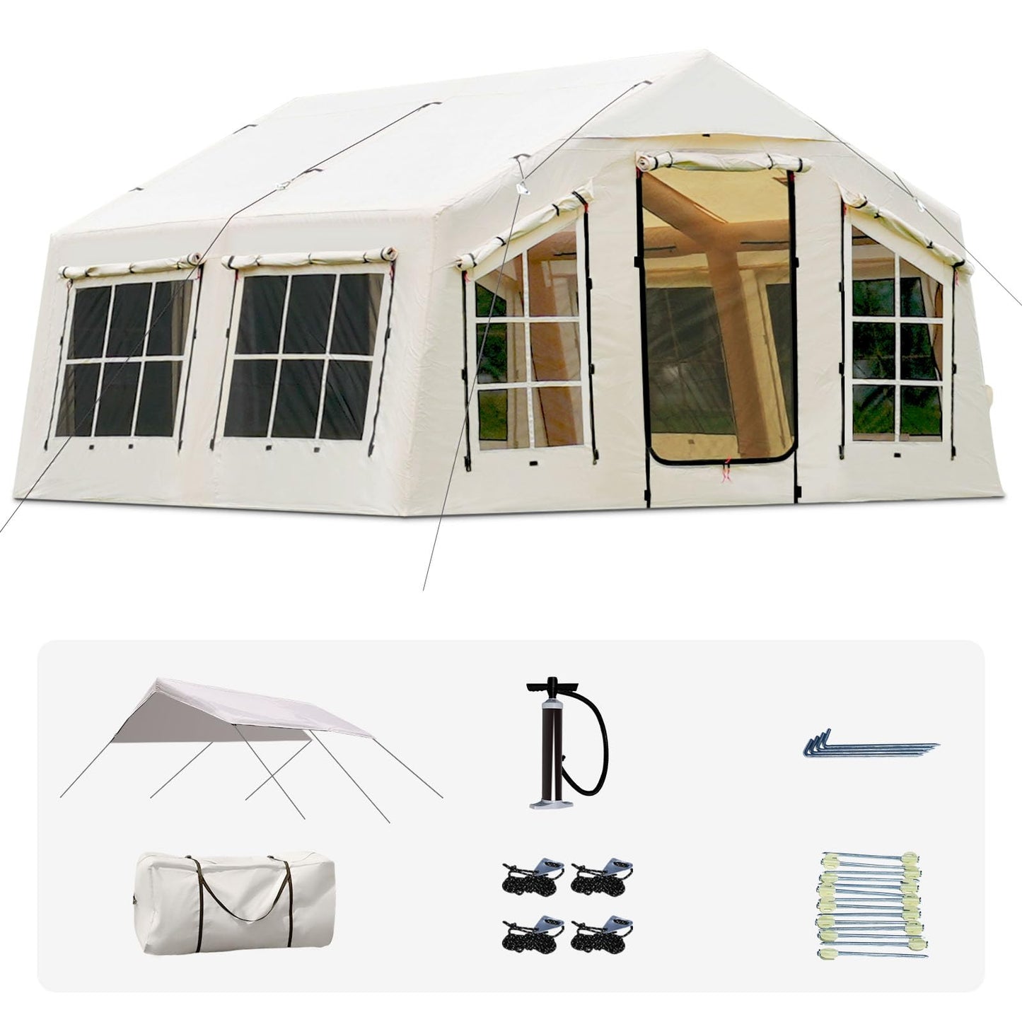 KNUO 2026 Upgraded Waterproof Inflatable Camping Tent for Winter with Rain Cover for 4~6 People, Large Blow-Up Air Tent, No Assembly Needed Luxury Glamping House, 12x12ft Oxford Fabric, Beige
