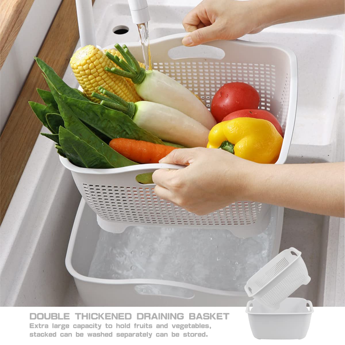LNQ LUNIQI Double-layer Draining Basket Plastic Fruits Vegetable Washing Basket Food Storage Basket Multi-layer Stackable Vegetable Sinks Wash Drain Basket for Kitchen (Grey)