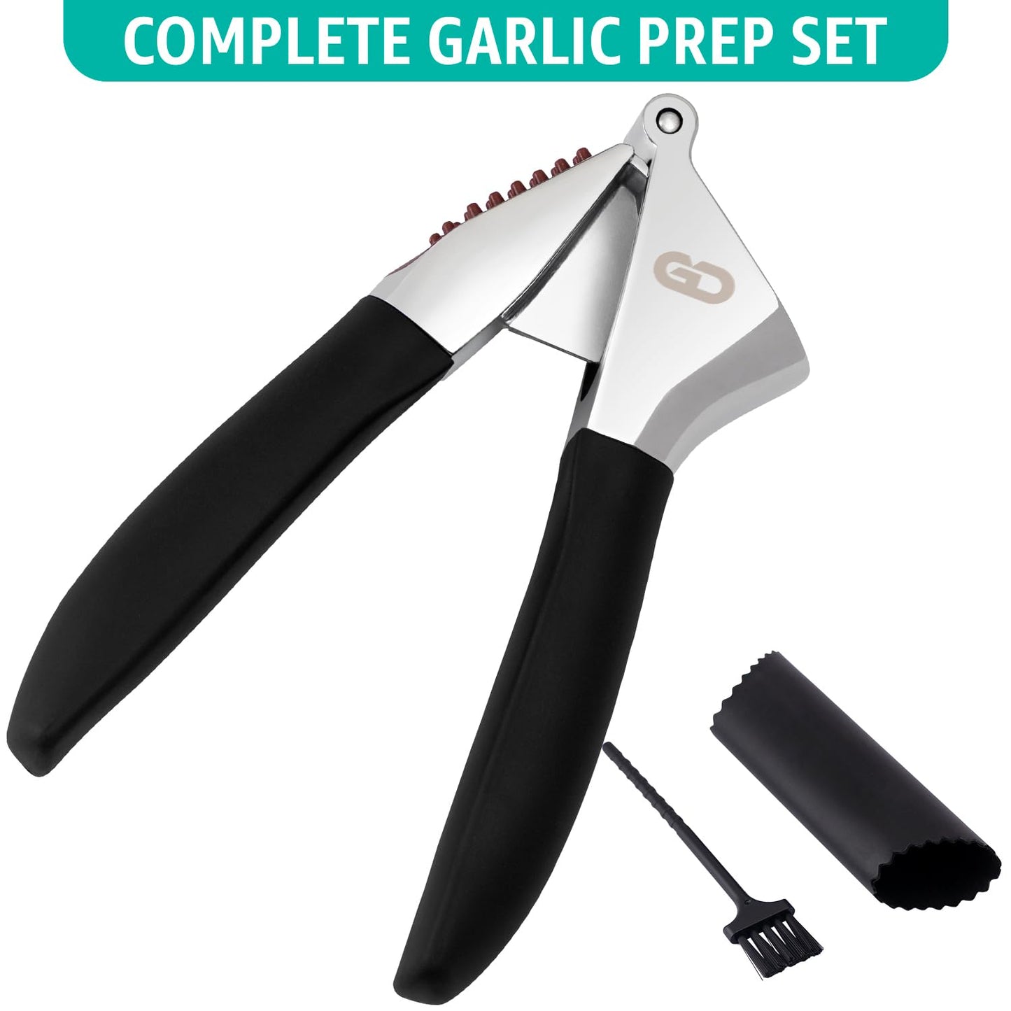 Garlic Press Set β Heavy Duty Rust-Resistant Garlic Crusher & Mincer with Ergonomic Handles, Easy Squeeze Manual Garlic Press, Cleaning Brush & Silicone Peeler, Large Chamber Kitchen Tool