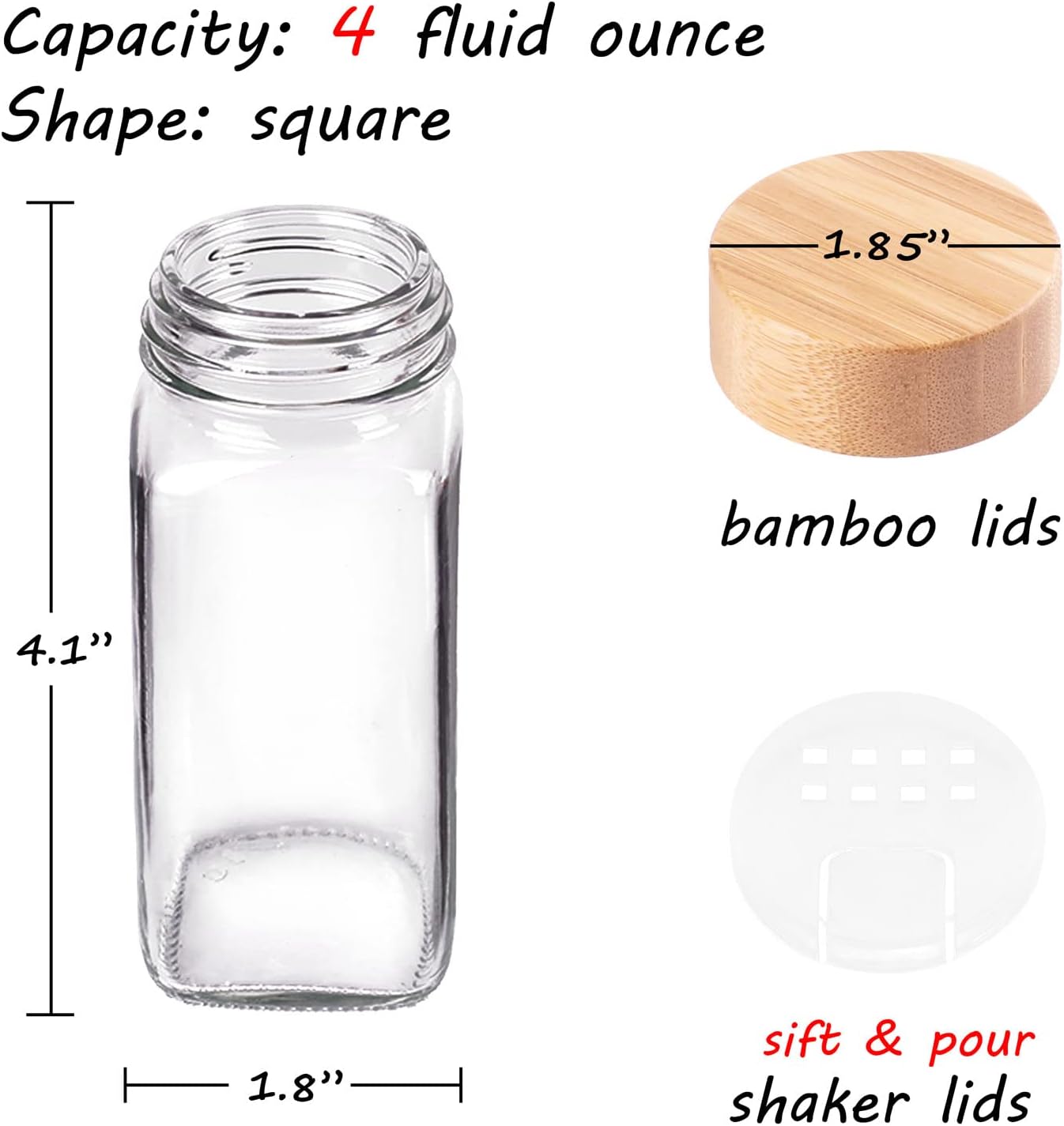 Churboro Replacement Glass Spice Jars with Bamboo Lids - 4 oz Square Spice Jars