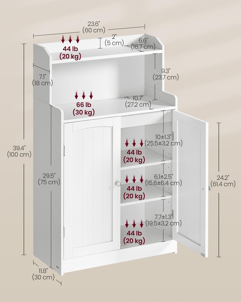 VASAGLE 39.4-Inch Tall Storage Cabinet, Floor Cabinet with 2 Doors, 2 Adjustable Shelves, Freestanding, for Bathroom, Kitchen, Living Room, Cloud White UBBC770W01