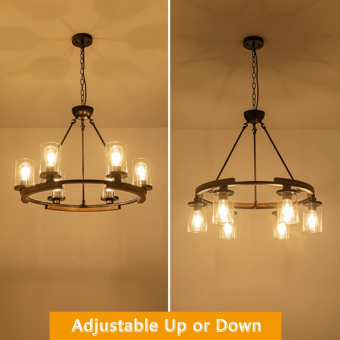NSRCE 28-Inch Wagon Wheel Chandelier, 6-Light Farmhouse Dining Room Light Fixture Over Table, Round Matte Black Rustic Wood Ceiling Hanging Pendant Light with Clear Glass Shade