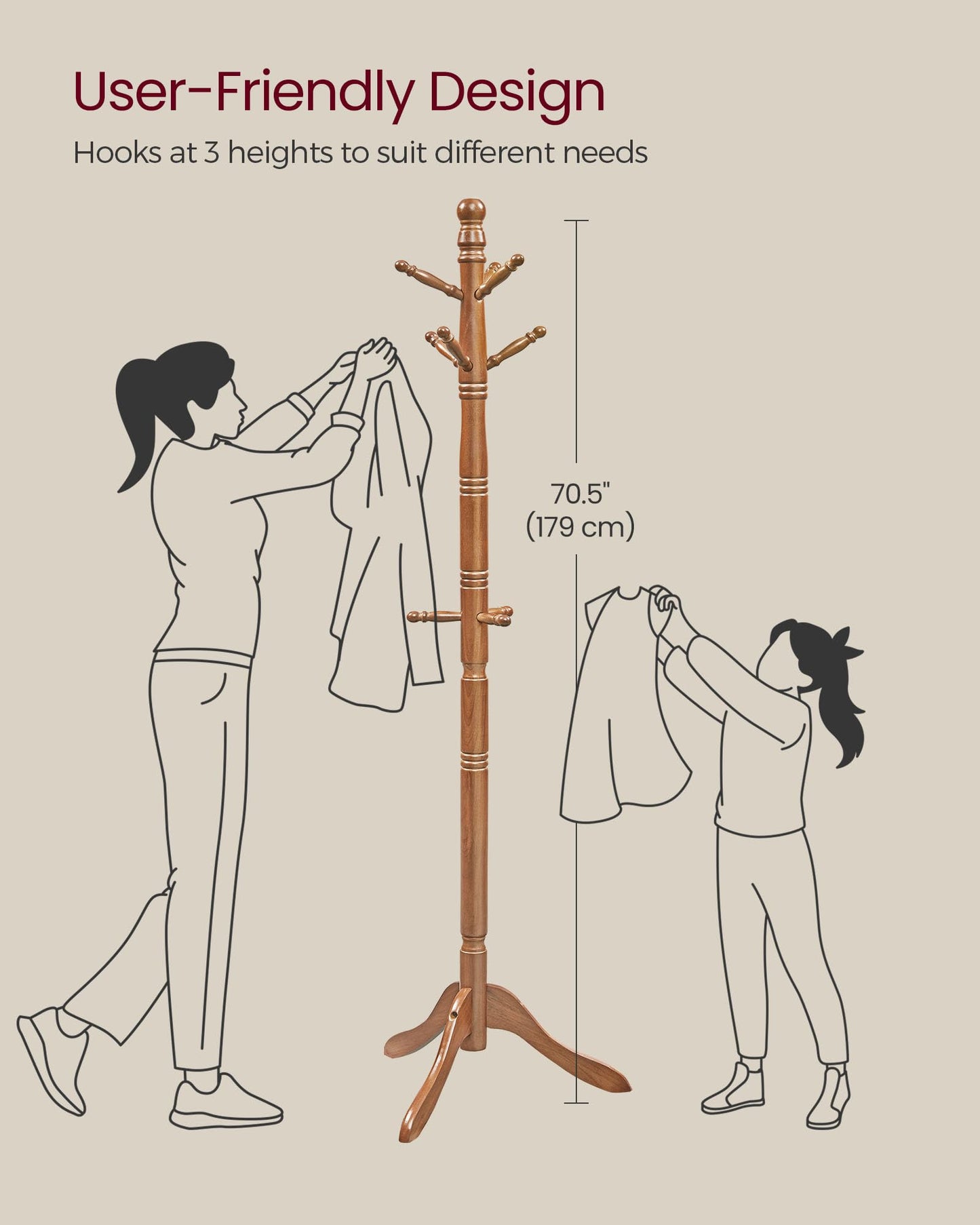 VASAGLE Solid Wood Coat Rack and Stand, Free Standing Hall Coat Tree with 10 Hooks for Hats, Bags, Purses, for Entryway, Hallway, Rubberwood, Caramel Brown URCR03WN