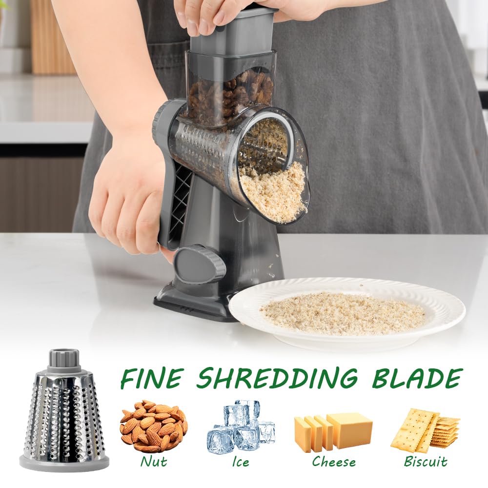 EDEFISY Cheese Grater Hand Crank Rotary Vegetables Shredder with Handle, 3-in-1 Graters with Interchangeable Blades and Non-slip Base Multifunctional Slicer for Kitchen