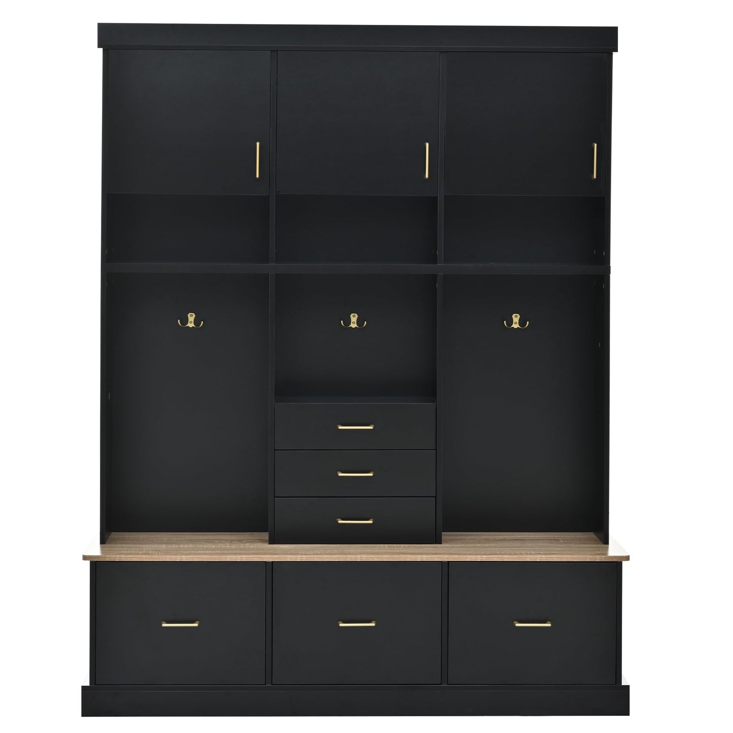 Merax 5-in-1 Hall Tree with Bench and Storage, Modern with Coat Rack, 6 Drawers, 3 Cabinets and 3-Tier Top Storage for Hallway, Entryway, Living Room, Black