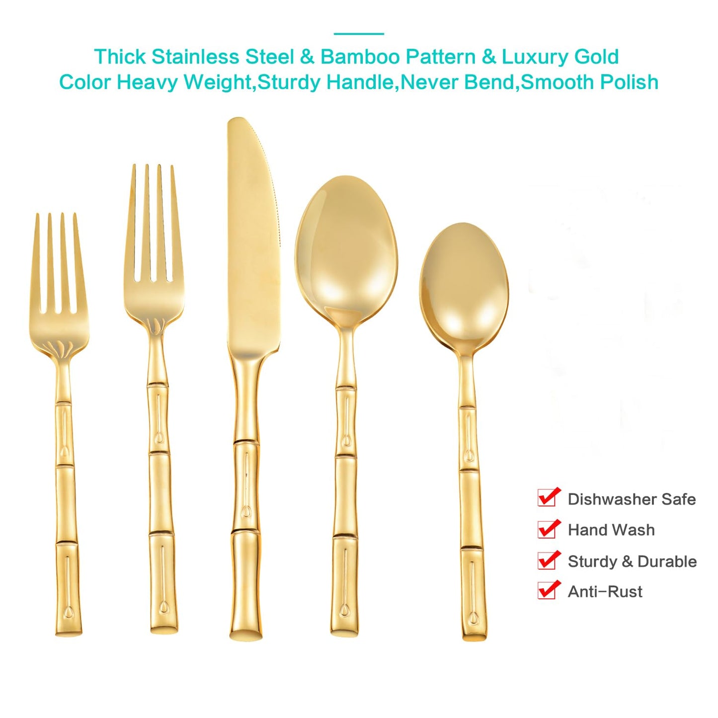 Flatasy Silverware Set Gold Flatware Set Stainless Steel Bamboo Handle Cutlery Set Mirror Polished 60 Pieces for Home Kitchen Restaurant Hotel Wedding Housewarming Gift Service for 12
