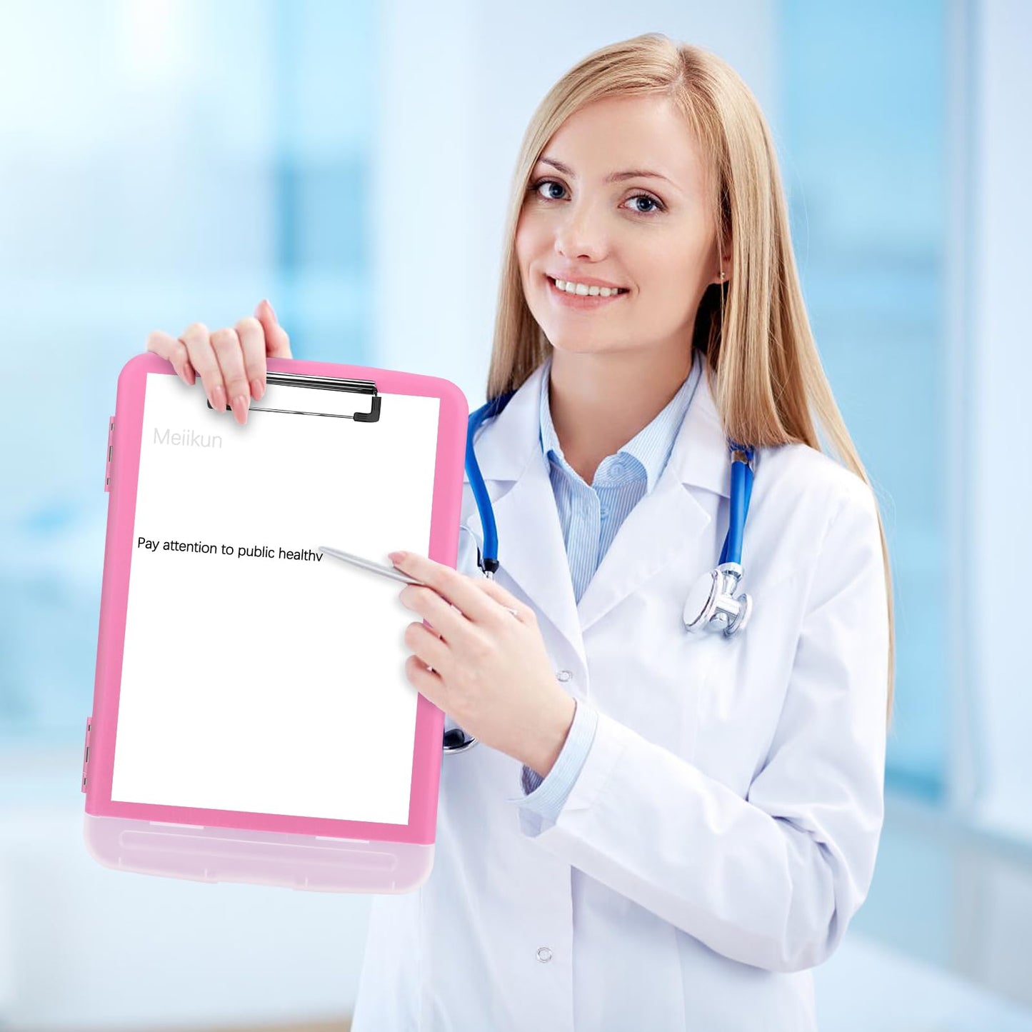 Meiikun Clipboard with Storage, Plastic Clipboards 8.5x11 with Pen Holder, High Capacity Nursing Clipboard Folder, Side Opening Storage Clip Board for Office Work Nurses Teachers (Pink)