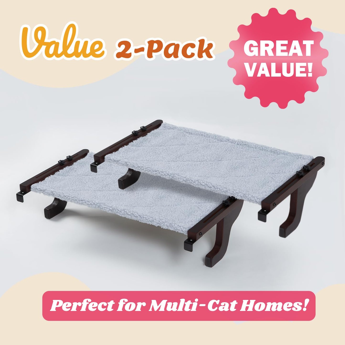 Zakkart 2PC Easy Seat Cat Perch for Window Sill - Hammock Design w/Pine Wood & Robust Metal Frame - Cat Window Seat for Large Cats and Kittens (Dark Stained Wood w/Gray Bed, Medium (23''W x 14''D))