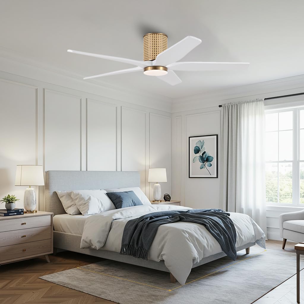 LEDLUX 54" Ceiling Fan with Light - Low Profile Flush Mount Ceiling Fan, 6-Speed Remote Control, Solid Wood, Quiet Reversible DC Motor, White/Gold Finish, for Bedroom, Living Room, Porch