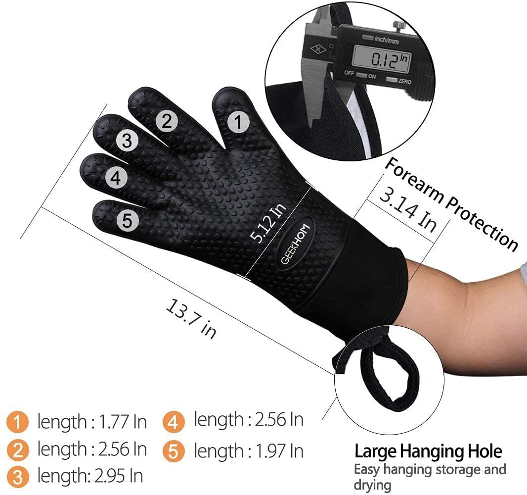 GEEKHOM BBQ Gloves Heat Resistant, 13.7 Inch Long Waterproof Silicone Oven Mitts for Grilling and Smoker, Non-Slip 5 Finger Kitchen Hot Mitts for Baking, Cooking & Cast Iron, Black