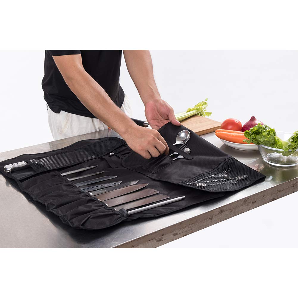 HERSENT Knife Roll,Chef Knife Roll Bag With 17 Slots Can Holds13 Knives,1 Meat Cleaver, And 3 Utensil Pockets,Durable Knife Bag With Handle,Shoulder Strap & Zippered Mesh Pocket Holder