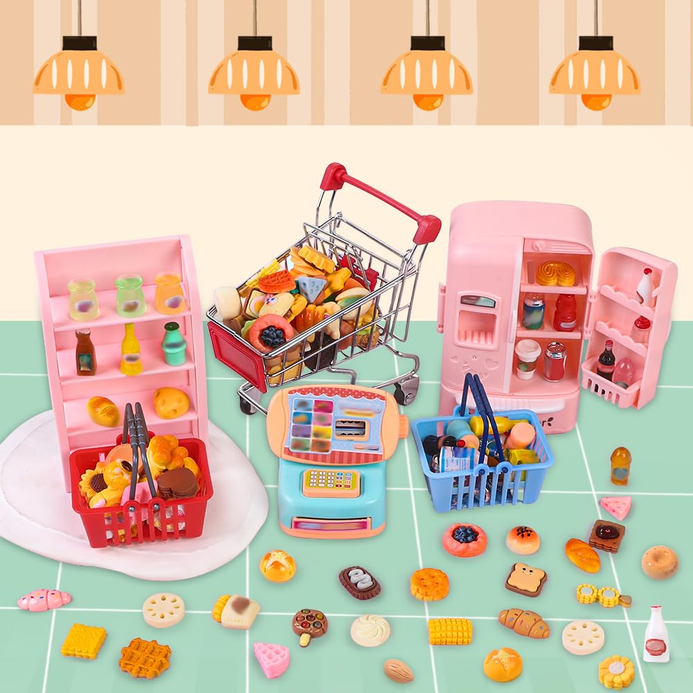 DULEFUN 143pcs Mini Shopping Cart Basket Miniature Food Drink Bottle Toys, Supermarket Shelve Metal Handcart Cash Register for Dollhouse Store AccessoryPretend Play Cosplay Game Kids Party Favor