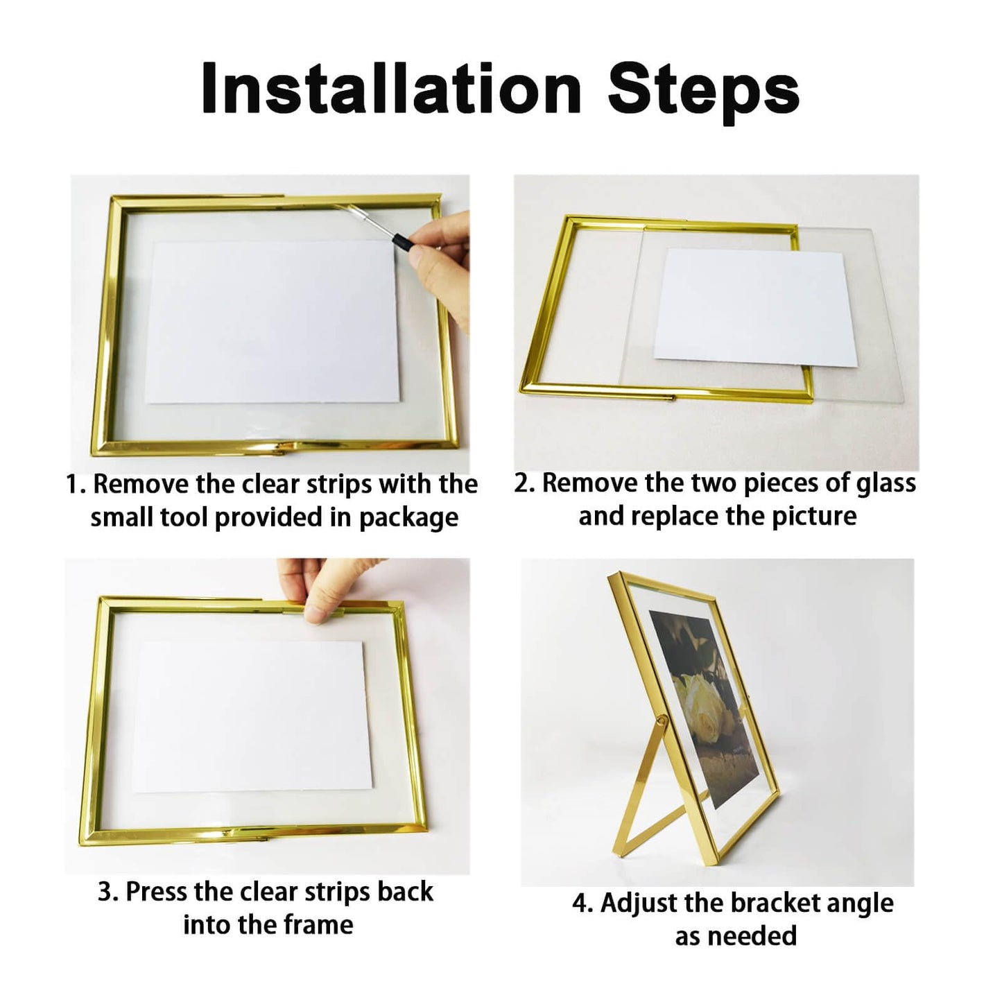 CROXXID 8x10 Floating Picture Frames Set of 2, Made of Metal and Double Real Glass, for Photo Size up to 10x12, Tabletop Display Home or Wedding Decoration (Horizontal Gold)