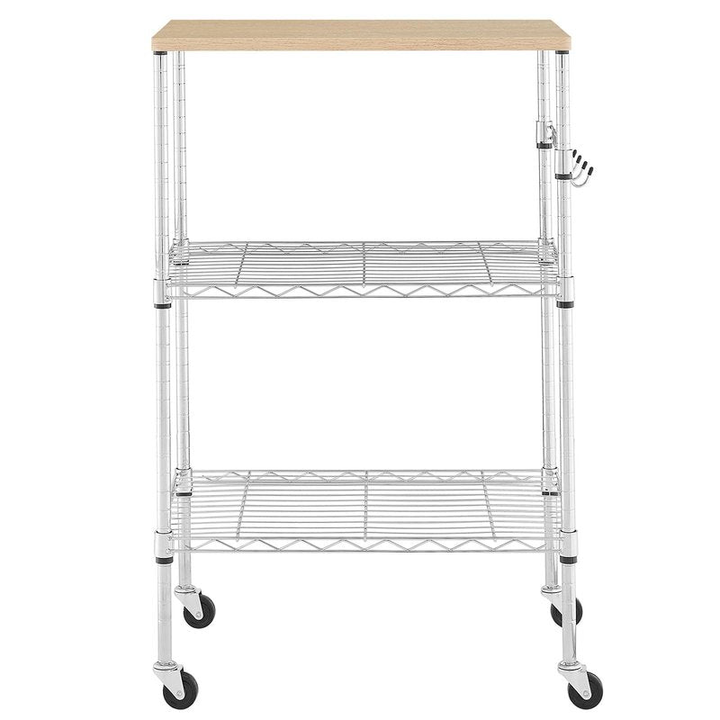 BolDuck 450Lbs Capacity Microwave Cart with Wheels, 3 Tier Rolling Cart with Adjustable Shelves, Multifunctional Metal Utility Storage Kitchen Carts on Wheels, 23.6" L*15.7" W*37" H, Wood+Chrome