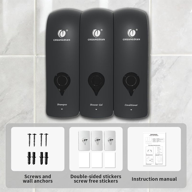 CCITOW Shampoo Conditioner Body Wash Dispenser, Wall-Mounted Bathroom Soap Dispenser Set of 3 (Black), Refillable Shower Soap Shampoo Dispenser for Bathroom,Kitchen,Hotel and Airbnb