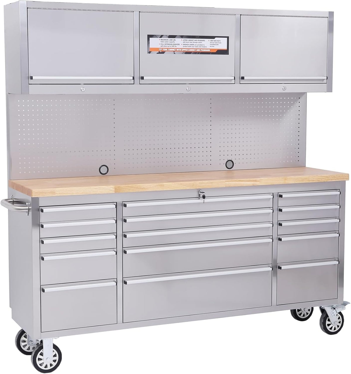 72 Inch Garage Tool Cabinet with 15 Drawers, Garage Workbench/Storage Cabinet, Rolling Toolbox Stainless Steel Tool Bench with Locking System, Metal Construction, Workshop/Garage/Home