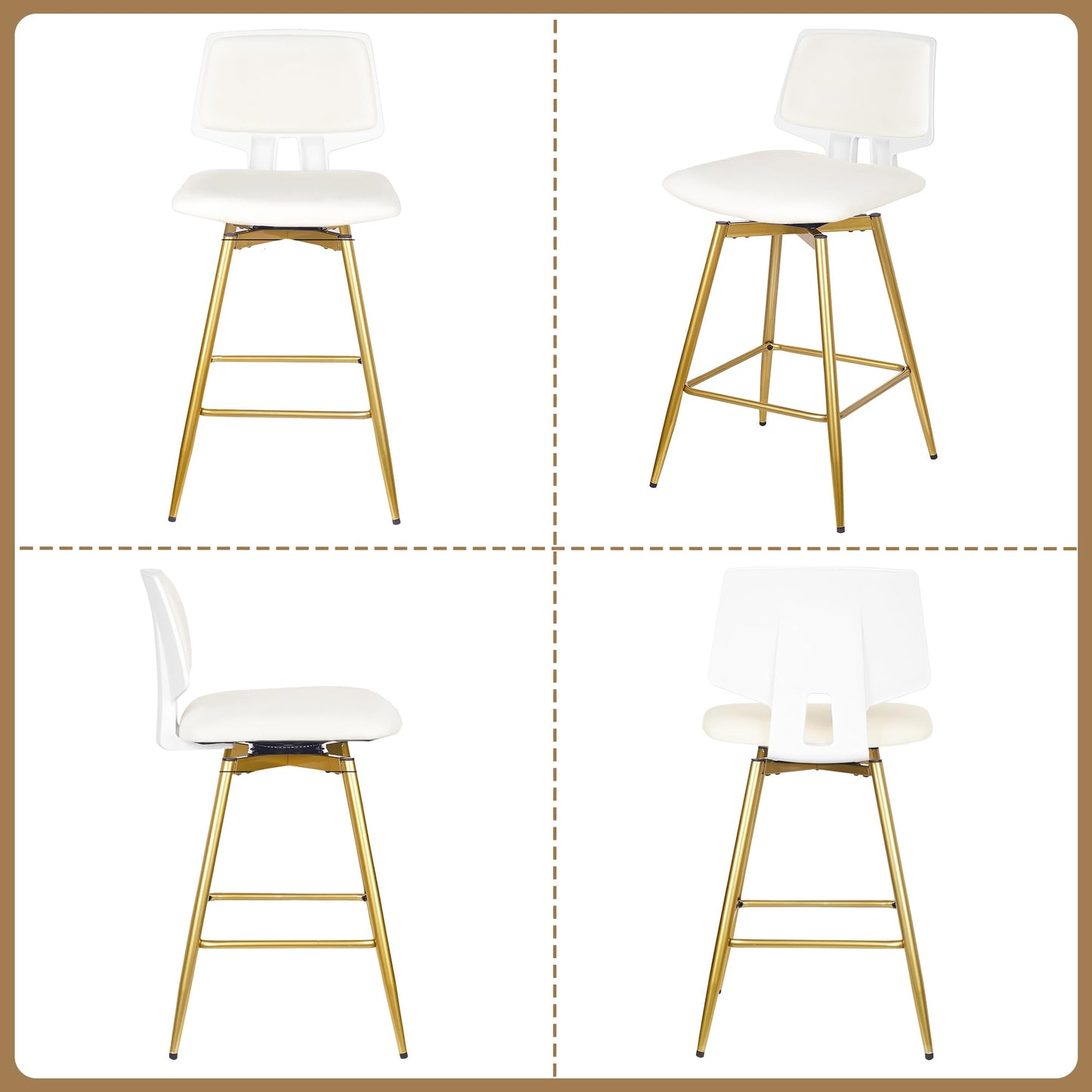 VECELO Swivel Upholstered Bar Stools Set of 4, Counter Height Barstools with Back, Metal Legs, 35.2-Inch Tall Barstools for Kitchen Island, Home Bar, Cafe, White