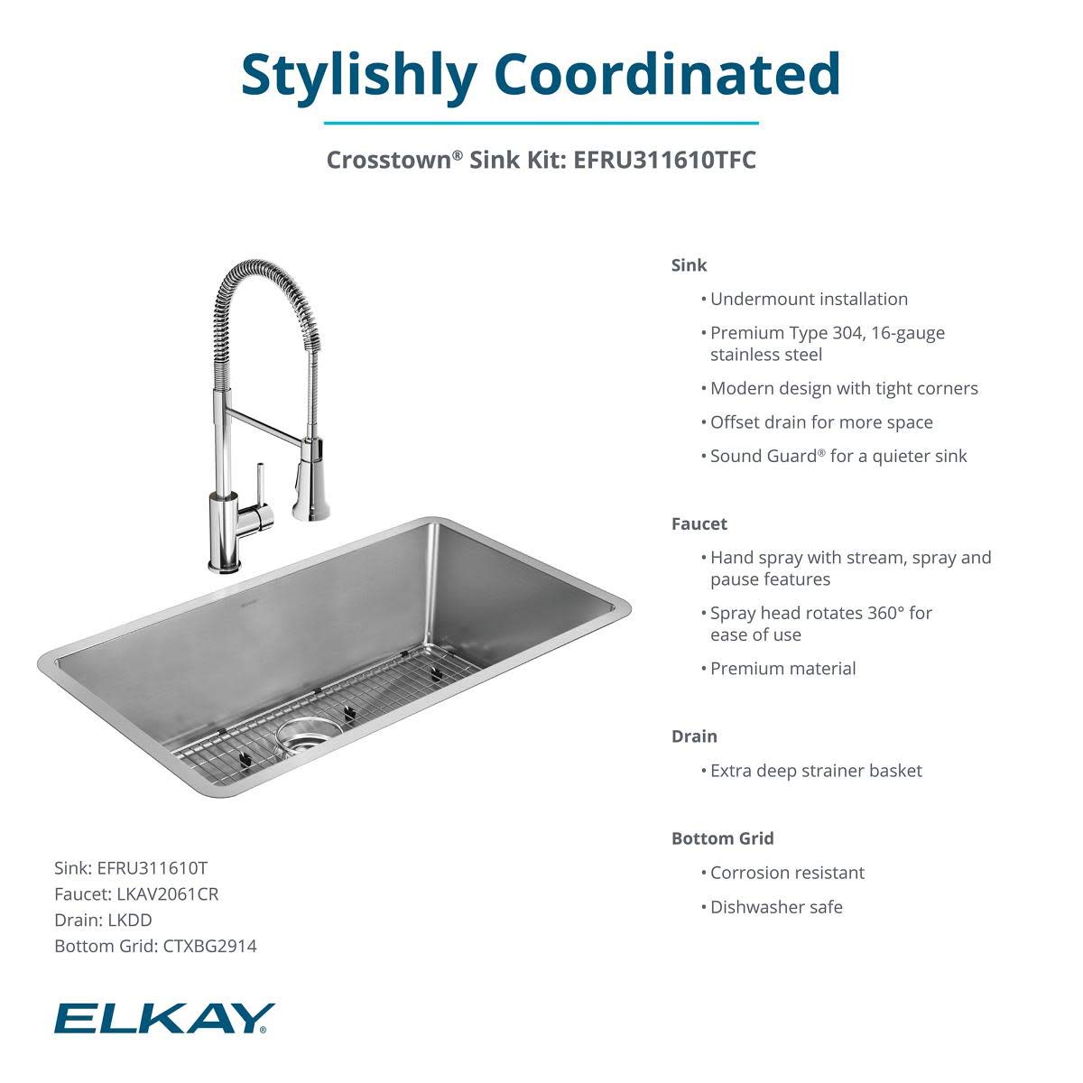 Elkay Crosstown 16 Gauge Stainless Steel 32-1/2" x 18" x 10" Single Bowl Undermount Sink Kit with Faucet