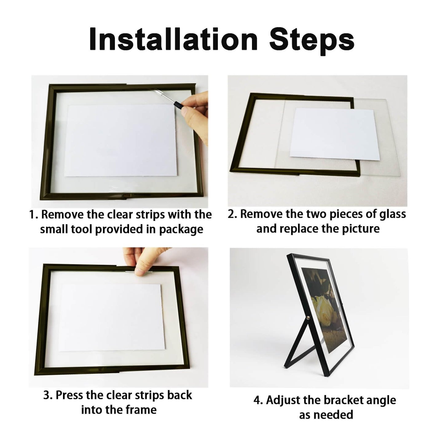 CROXXID 5x7 Floating Picture Frames Set of 2, Made of Metal and Double Real Glass, for Photo Size up to 7x9, Tabletop Display Home or Wedding Decoration (Vertical Black)