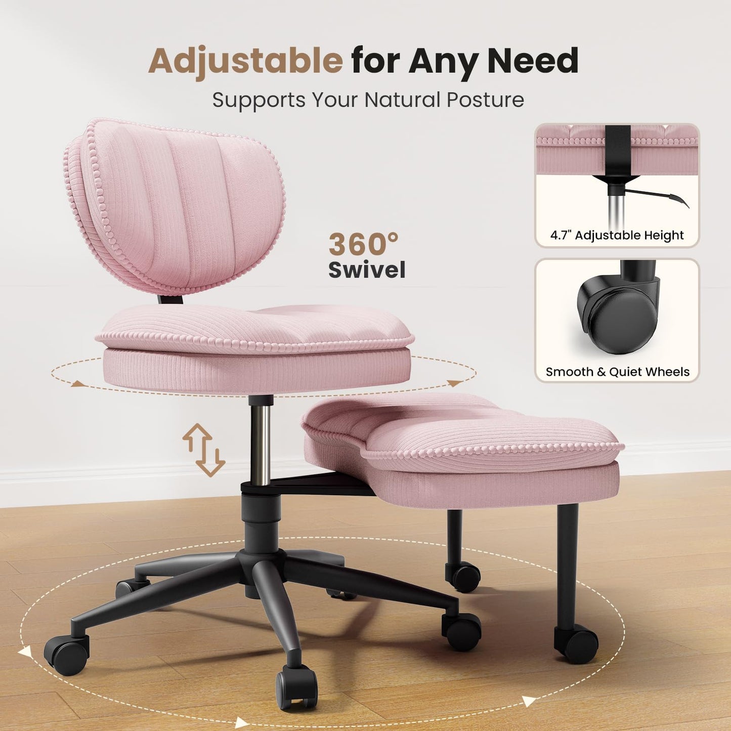 HOMRELEXA Extra-Wide & Tall Cross-Legged Office Chair – Deeply-Padded Cloud Seat, Ergonomic Back Support, Adjustable Height for ADHD & Meditation, Pink