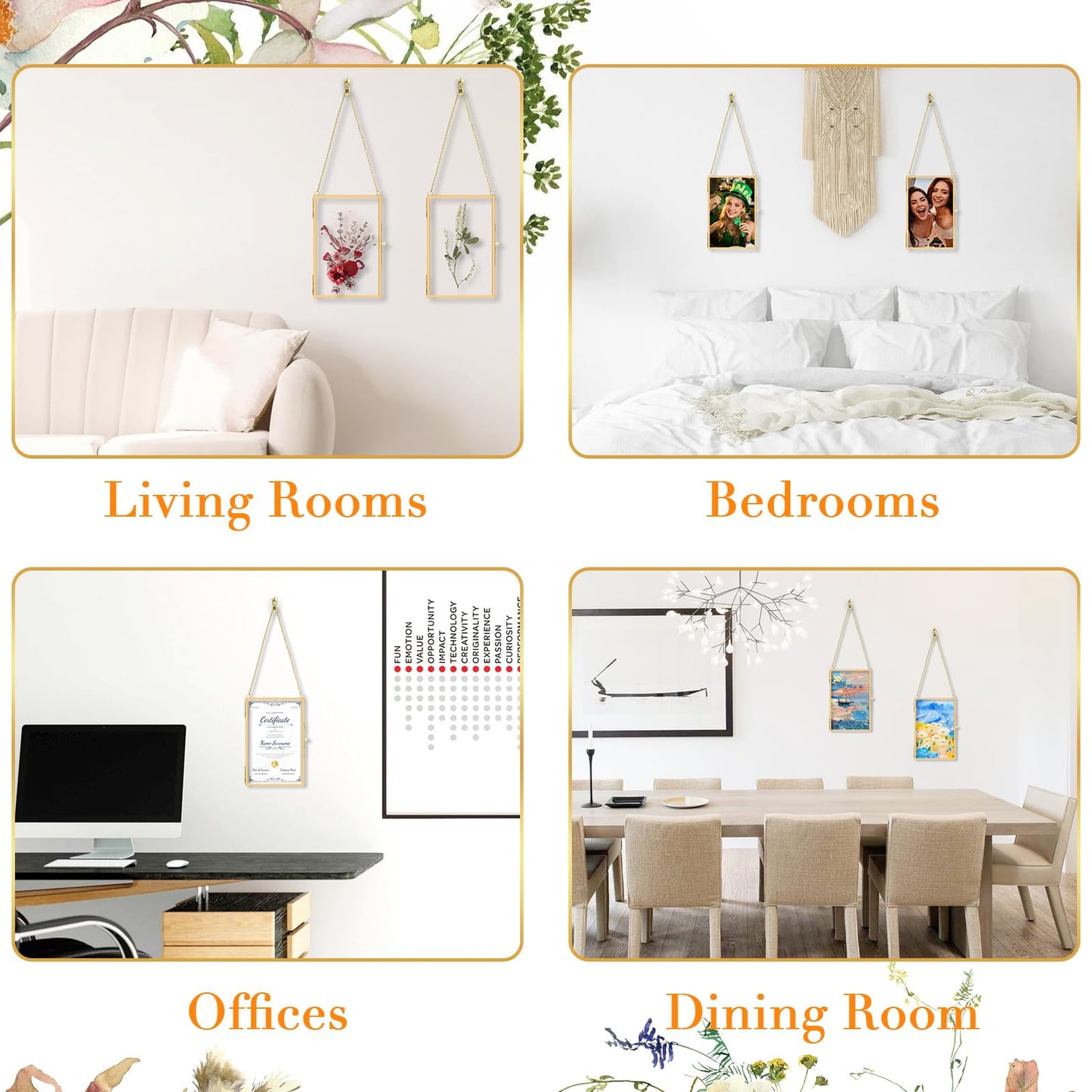 Pressed Flower Frames with Hanger & Tweezer & Dried Flowers, 4 x 6 Inch Wall Double Glass Floating Hanging Picture Photo Frame with Chain for Wall Decor and Display, Hanging Picture or Artwork (Gold)