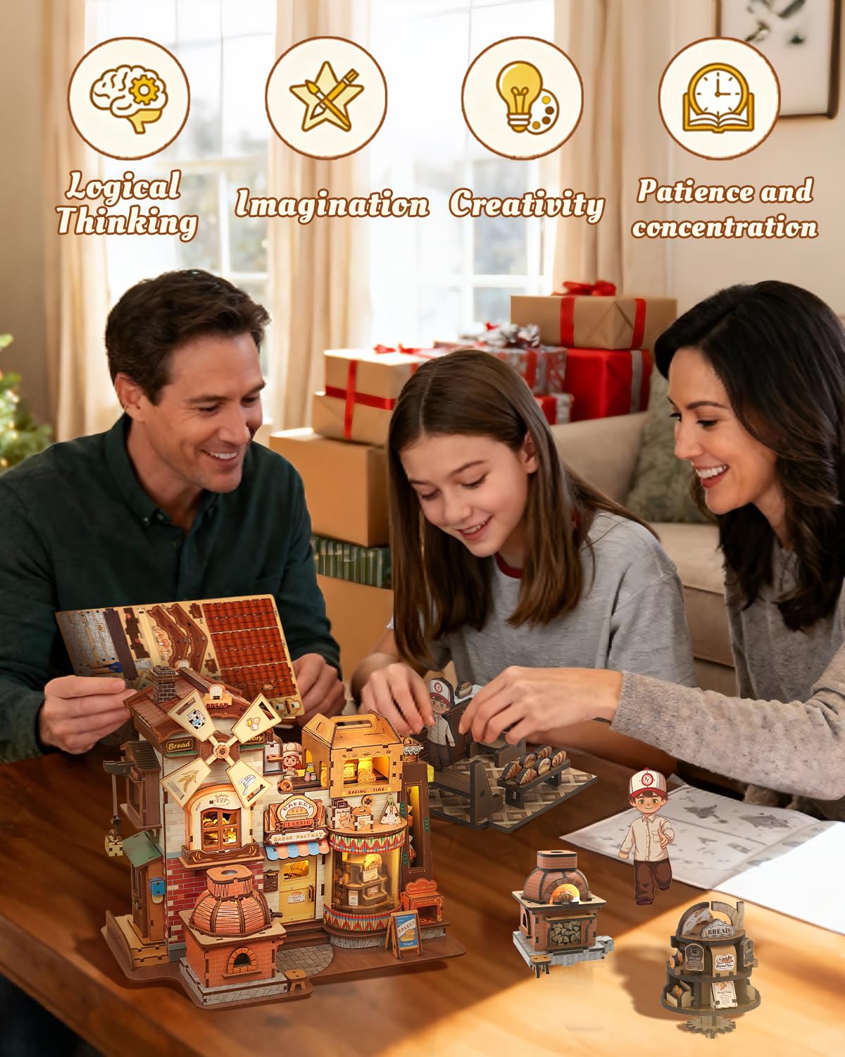 CUTEBEE 3D Wooden Puzzles for Adults - Bread Factory Bakery 576pcs Wooden Mechanical Model DIY Building Kit with Music and Lights, Bookshelf Decor, DIY Craft Gifts for Adults(Bread Factory)