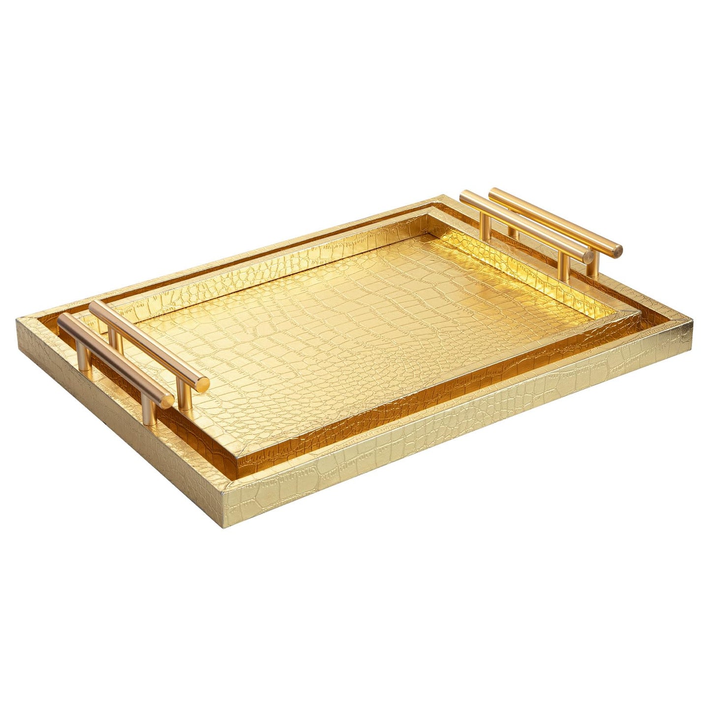 JUMBO HUMBLE Modern Elegant Large Wood Serving Tray, Set of 2 Gold Crocodile Leather with Gold Polished Metal Handles, Home Decorative Rectangle Ottoman Decor Platter Living Room Bathroom Vanity Tray