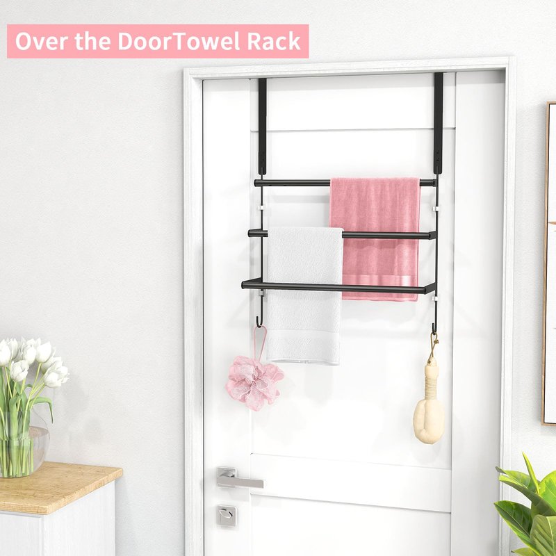 Over The Door Towel Rack,Towel Rack with Hooks for Door Hanging, Door Towel Bar, Over Door Towel Racks for Bathroom (Black)