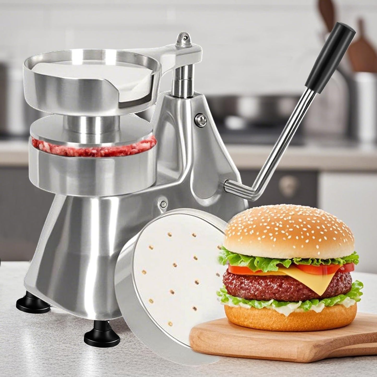 JOHAKYU 3 - in - 1 Commercial Burger Patty Maker, Hamburger Beef Patty Press Stainless Steel Bowl, Heavy - Duty Meat Forming Processor(4/5/6 - inch), Burger Machine with 1200 Pcs Patty Papers