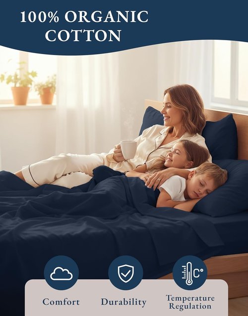 LANE LINEN Organic Cotton Bed Sheets - Eco-Friendly, Soft Percale Weave, Queen Size Set in Navy