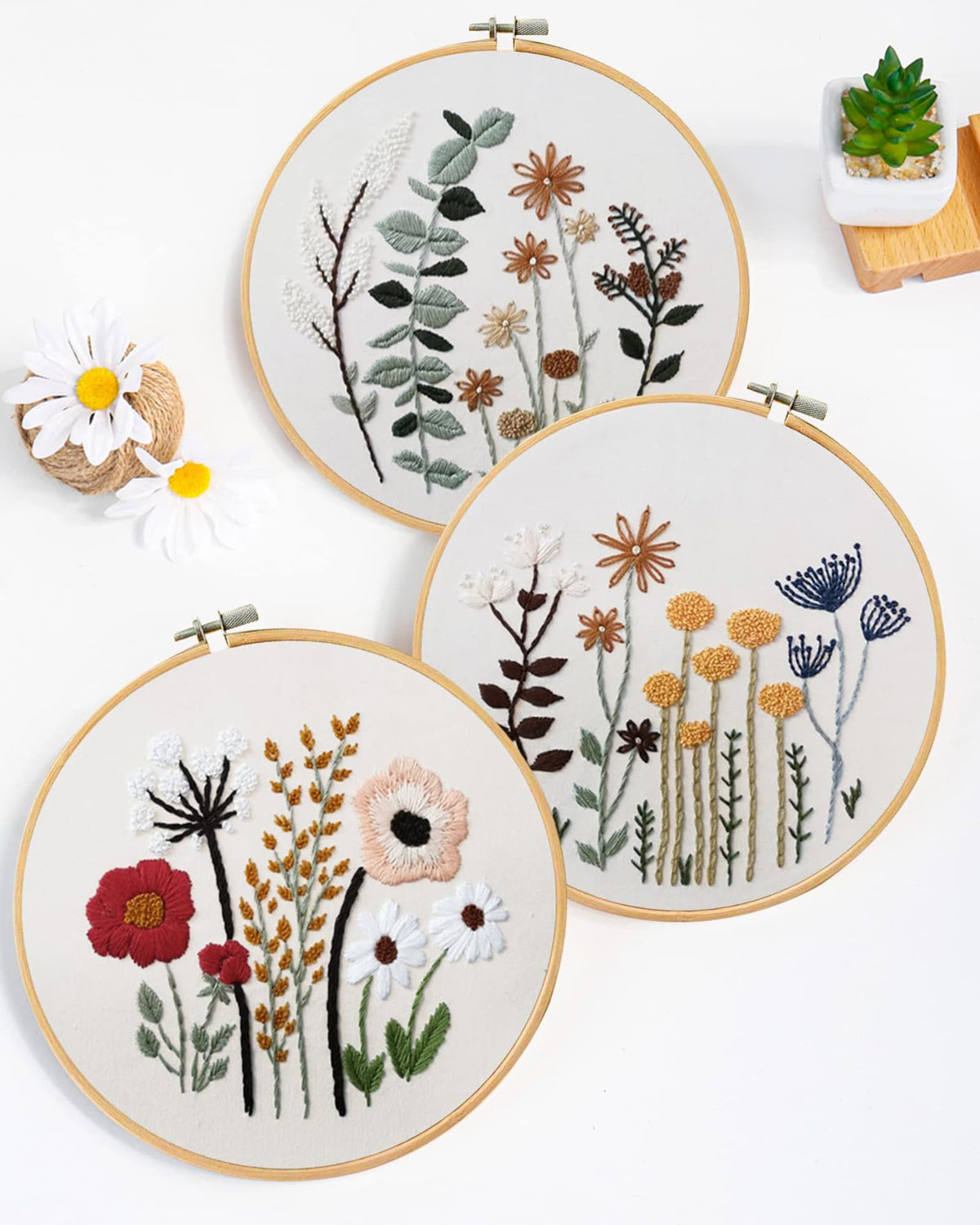 Santune 3 Sets Embroidery Kit,Cross Stitch Kits for Beginners,Needlepoint Kits for Adults with Easy Floral Pattern Hand Crafts,Hoop,Needle,Mothers Day Gifts