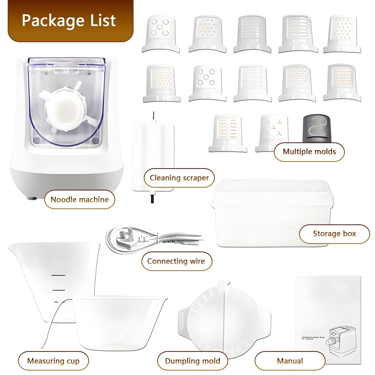QCQDL Electric Pasta Maker, Automatic Noodle Maker Machine with 13 Types of Noodles Molds, for Homemade Spaghetti, Fettucine, Penne, Dumpling, 650G Large Capacity, Smart Button, with Display Screen
