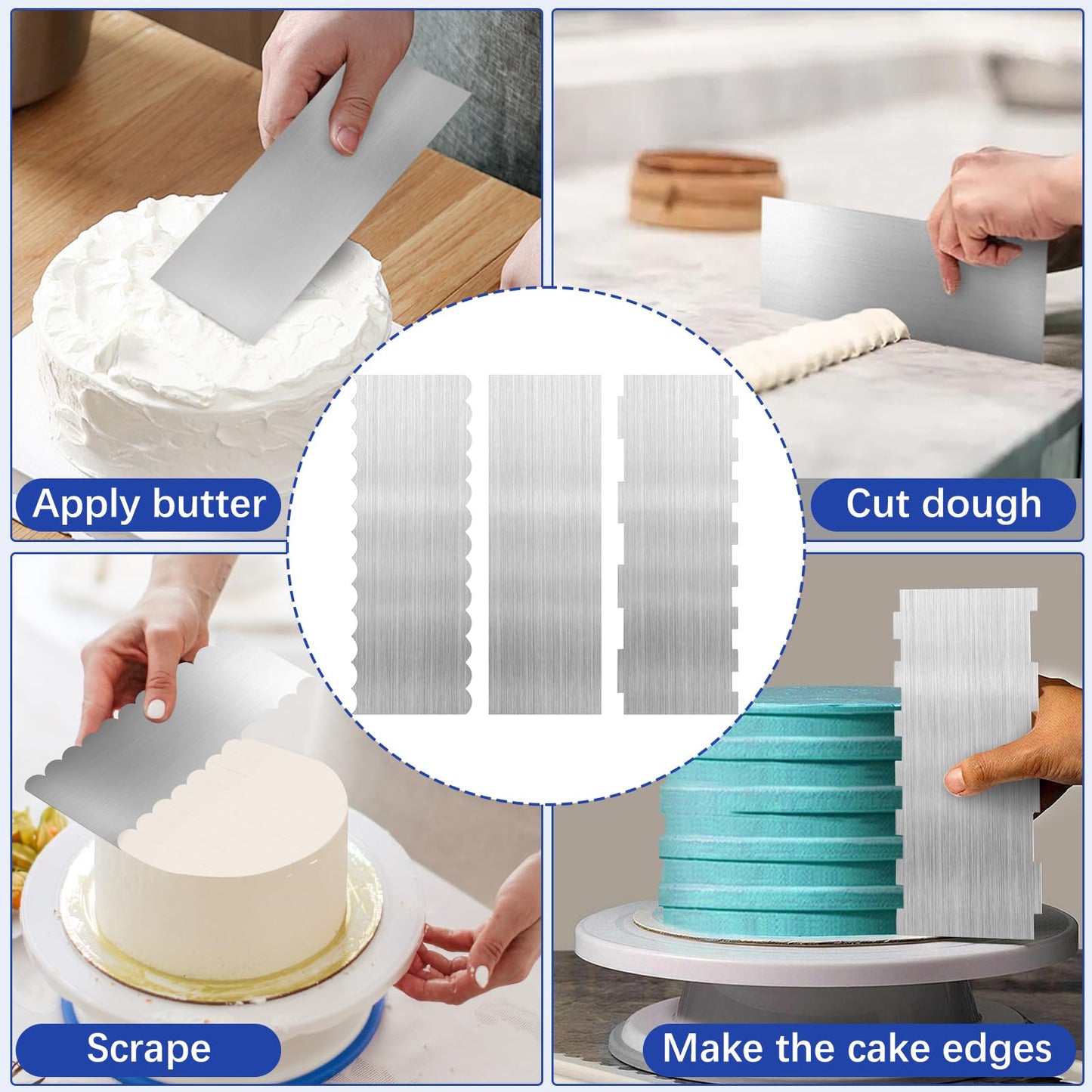 3 Pcs Stainless Steel Cake Scraper, 8.6-inch Double Sided Patterned Edge Stripe Edge Smoother Scraper, Cake Decorating Comb Metal Cake Scraper for Butter Mousse Cream Decoration