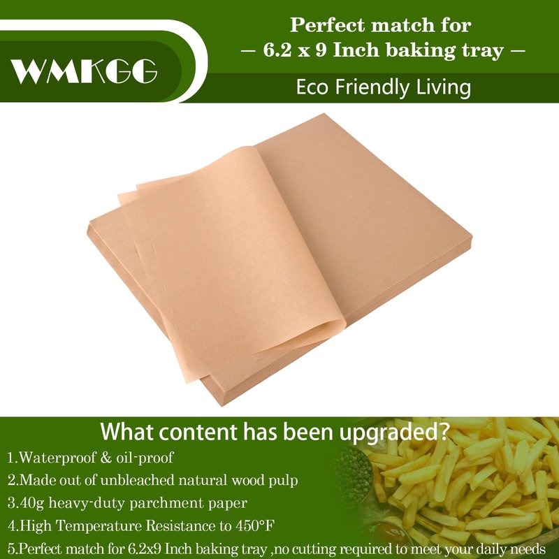 WMKGG 100 PCS Parchment Paper Sheets, 9" x 6.2" Non-Stick Precut Baking Parchment, for Baking Grilling Air Fryer Steaming Bread Cakes Cookies and More(Unbleached)