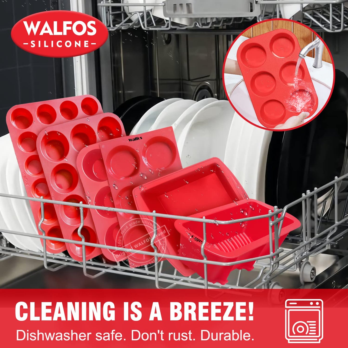 Walfos Silicone Muffin Pan - 6 Cup Non-Stick Cupcake Pan for Baking, Food Grade and BPA Free, Perfect for Egg Muffin, Cupcake, Quiches and Frittatas (3 Pack)