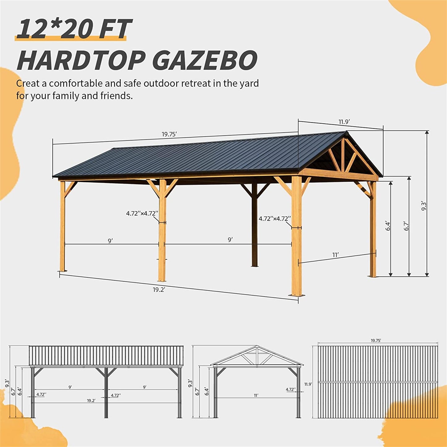 GOWE 12x20ft Hardtop Gazebo, Galvanized Steel Gable Roof Gazebo Pergola with Wood Grain Aluminum Frame, Outdoor Permanent Gazebo Pavilion for Patio, Garden (Yellow Brown)