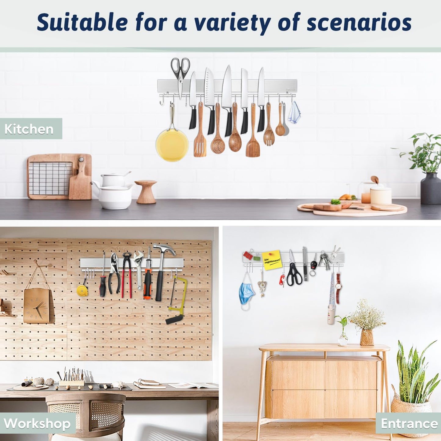 17 Inch Magnetic Knife Holder for Wall - Stainless Steel Knife Magnetic Strip No Drill with 10 Hooks/Adhesive Tape/Screws, Kitchen Utensil Holder, Magnetic Knife Organizer, Wall Mounted Knife Storage