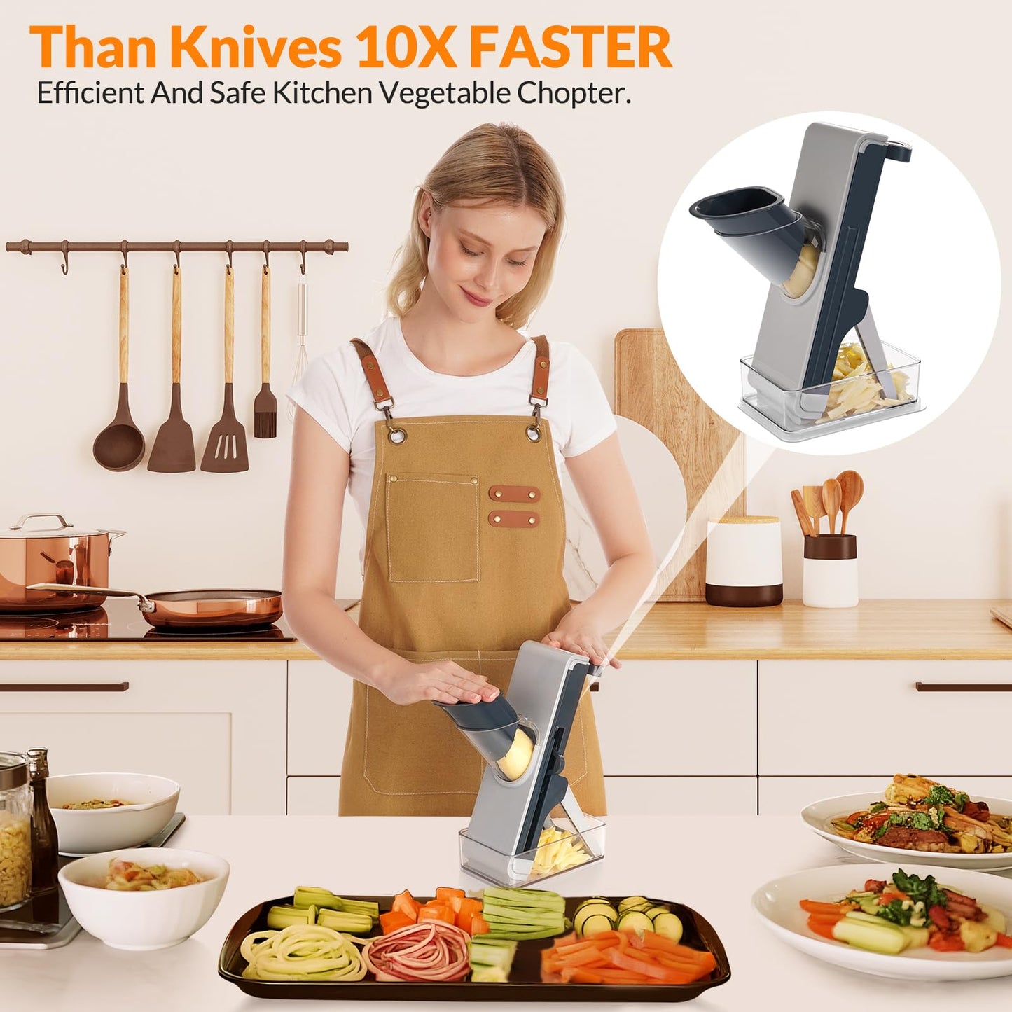 FEICO Safe Mandoline Slicer for Kitchen, Adjustable 0.5–8 mm, Stainless-Steel Blades, Anti-Slip, Dishwasher-Safe Handheld Mandoline Slicer, Compact Mandoline Food Slicer
