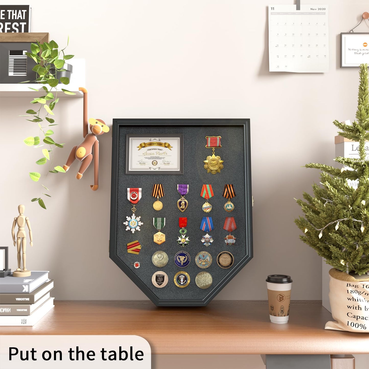 REFGY Challenge Coin Display, Military Coin Holder Display, 11.8 x 15.7 Inch Large Medal Display Case & Pin Display Cabinet with Horn Lock, Shadow Box Display Case for Military Medals,Insignia Ribbons