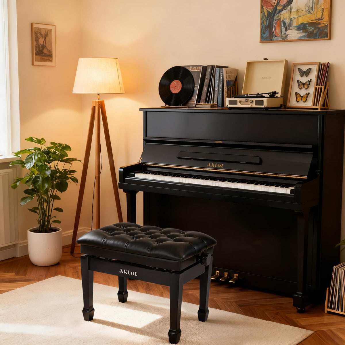 AKLOT Hydraulic Piano Bench, Keyboard Bench with Padded Cushion, Ajustbale Heavy Duty Piano Seat with High-Density Sponge, Piano Stool 23.22"X 15.75" Solid Wooden Piano Chair for Pianist(Black