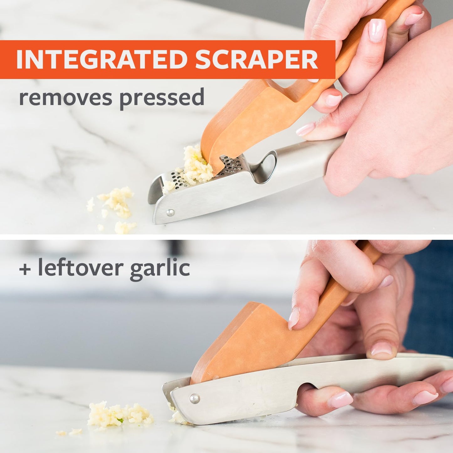Full Circle Crushed It - Easy-Clean Stainless Steel Garlic Press - Effortless Crushing and Quick Mess-Free Clean-Up - Integrated Cleaner Scraper, Dishwasher safe