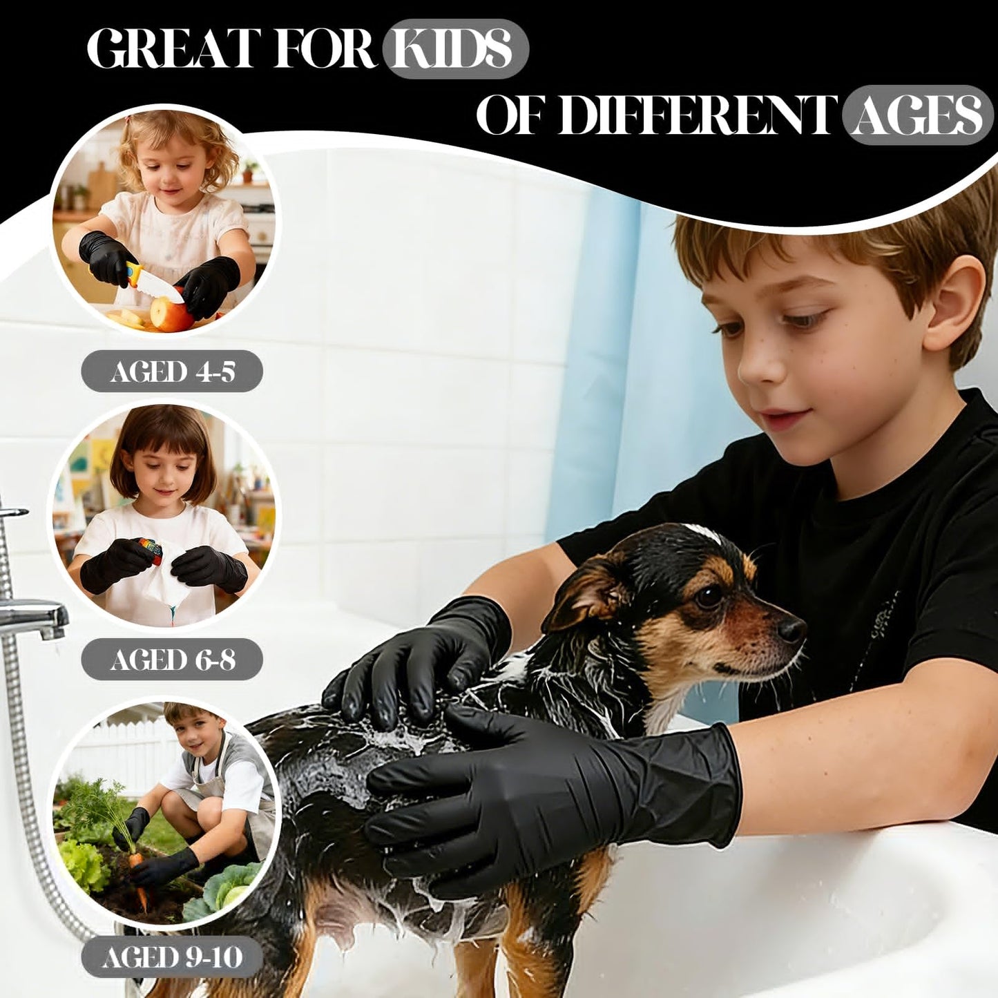 Xandoval Kids Disposable Gloves for 4-8 Years, 5Mil Small Black Nitrile Gloves for Work, Cleaning, Cooking, Gardening,Latex-Free and Powder-Free(XS,100PCS)